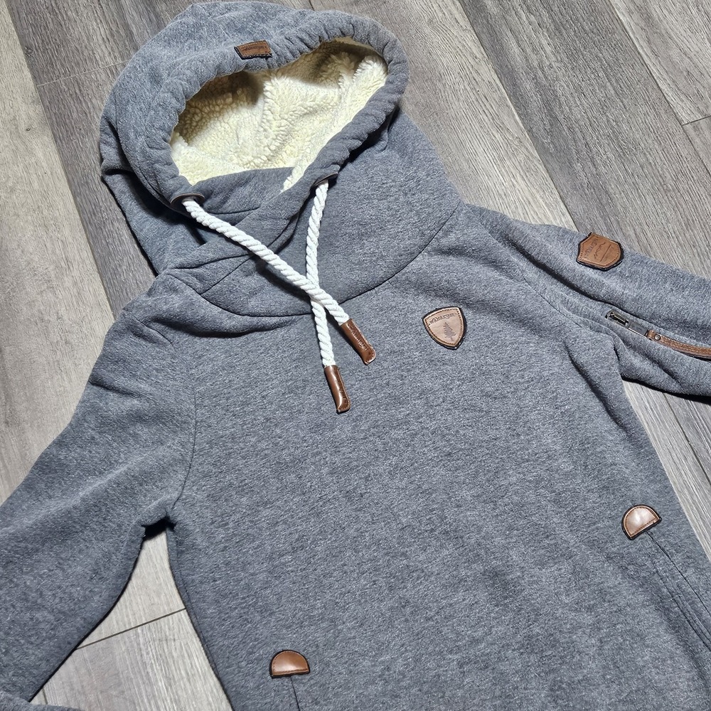 Wanakome Artemis Cowl Neck Hoodie Women's Medium Gray Pullover Sweatshirt Sherpa - Picture 2 of 10